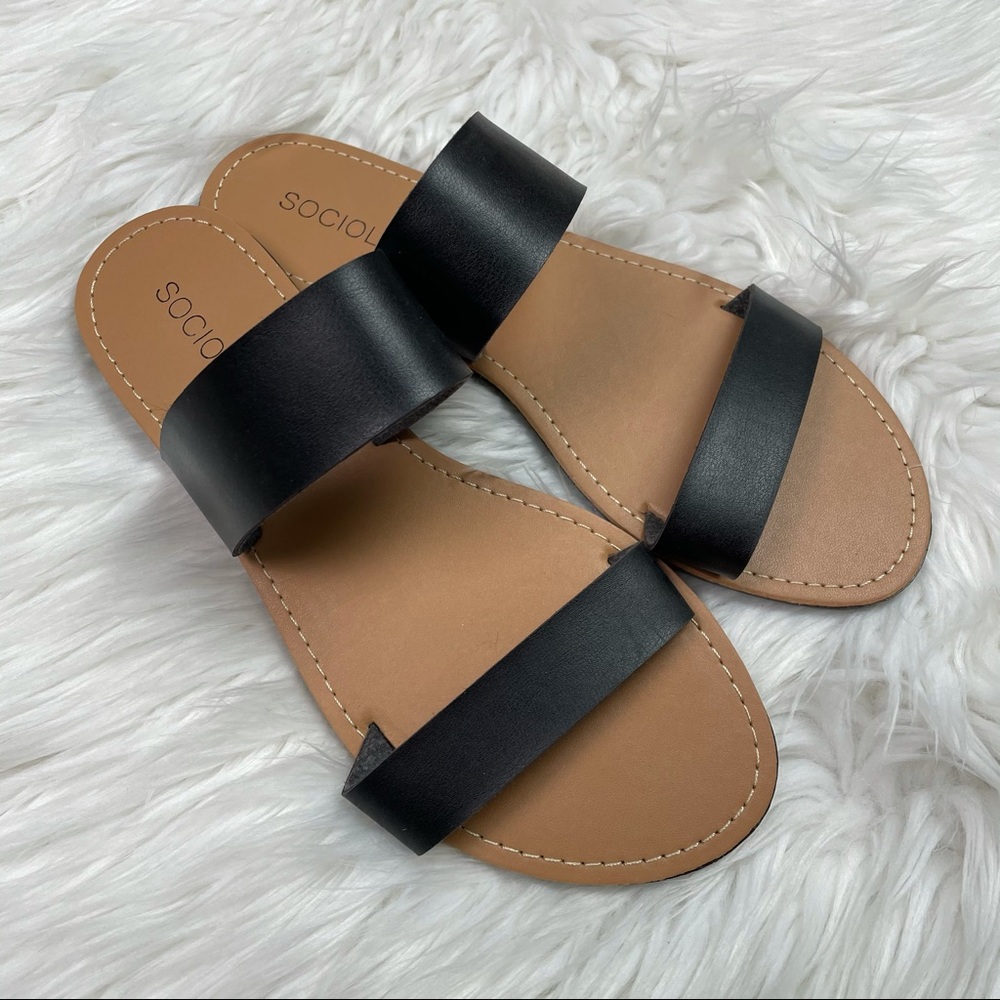 Sociology slip on open toe sandals black tan